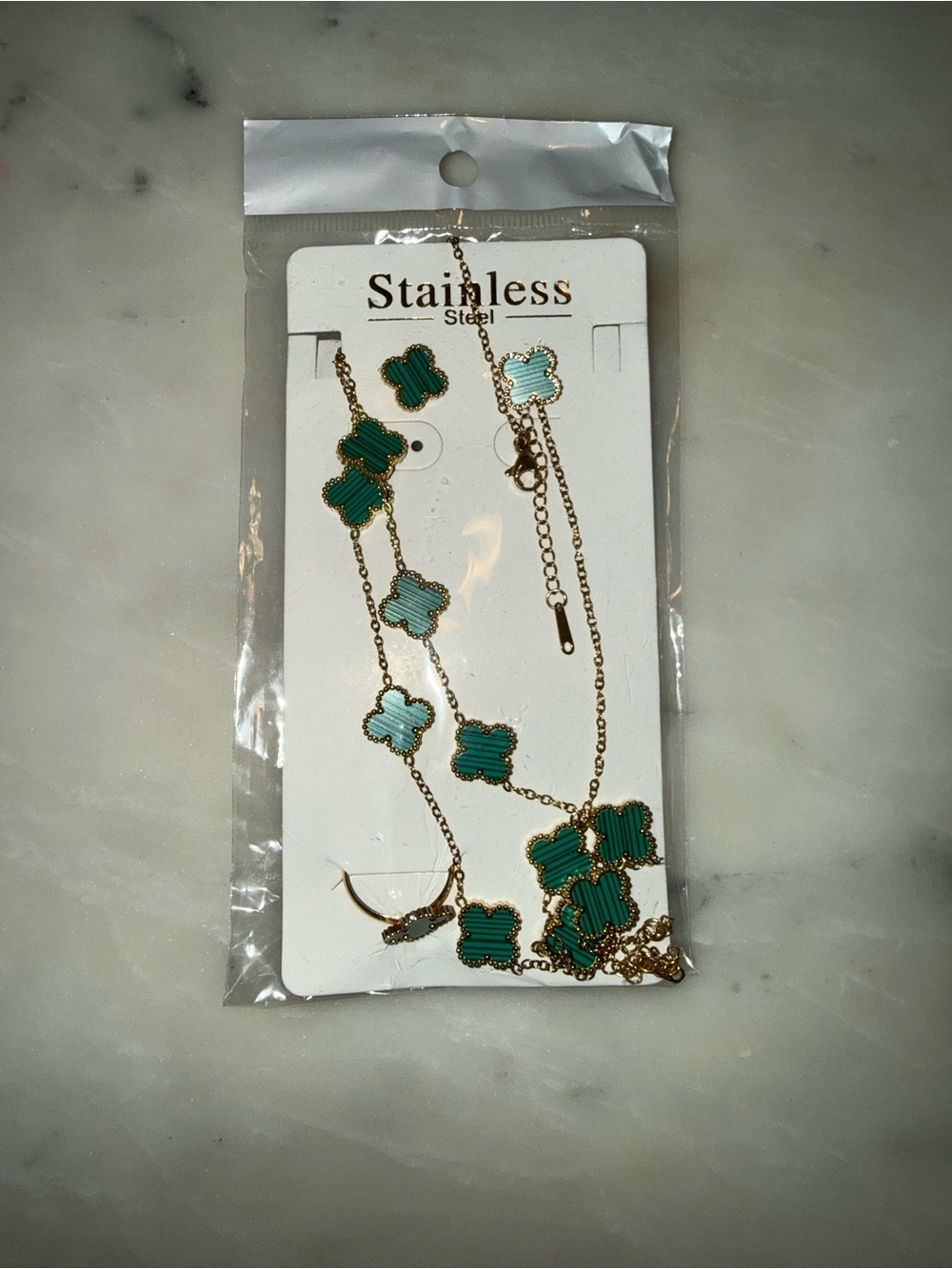 Gold-Tone Green Clover Necklace Set - Stainless Steel